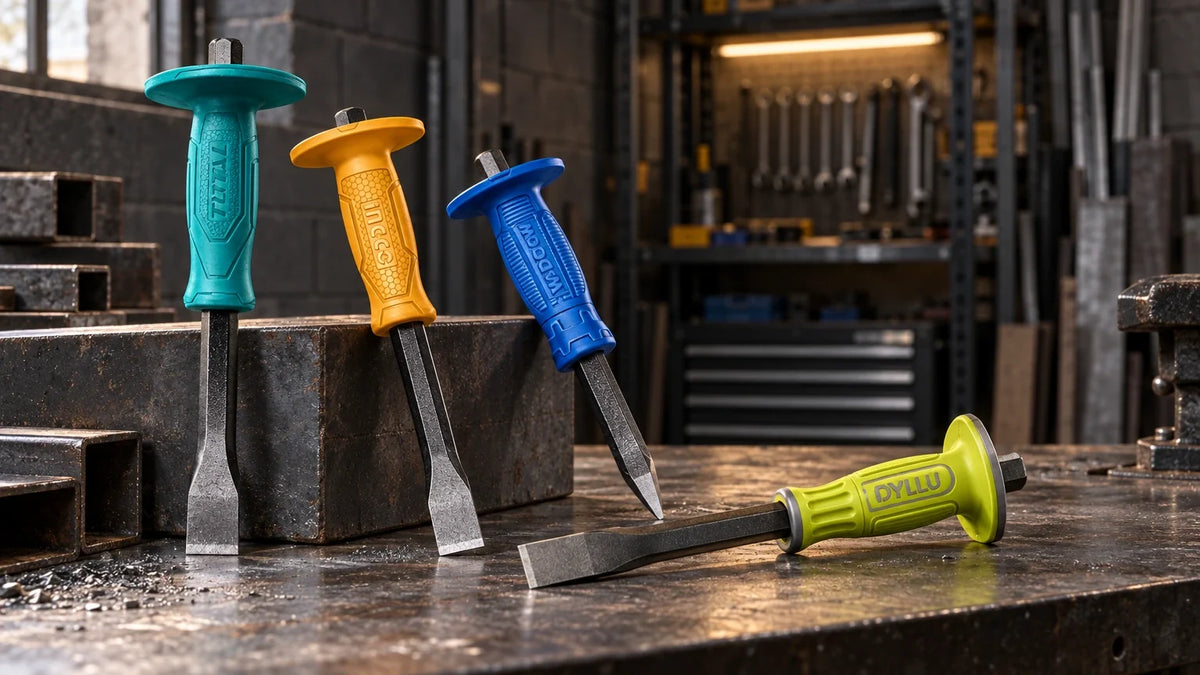 Four branded cold chisels in teal, yellow, blue and lime handles arranged on a dark workshop bench, showing different lengths and flat and pointed profiles.