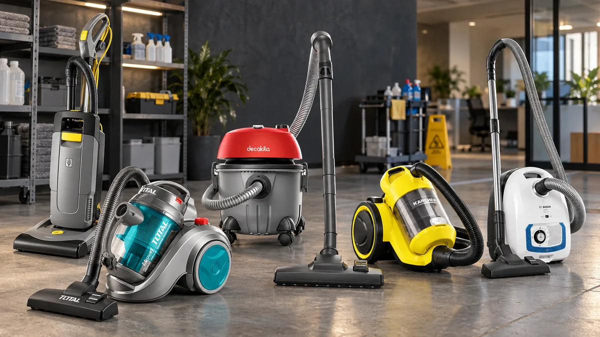 Dry vacuum cleaner range including commercial canister, cyclone, bagged and upright brush models arranged on a concrete floor in a professional equipment room
