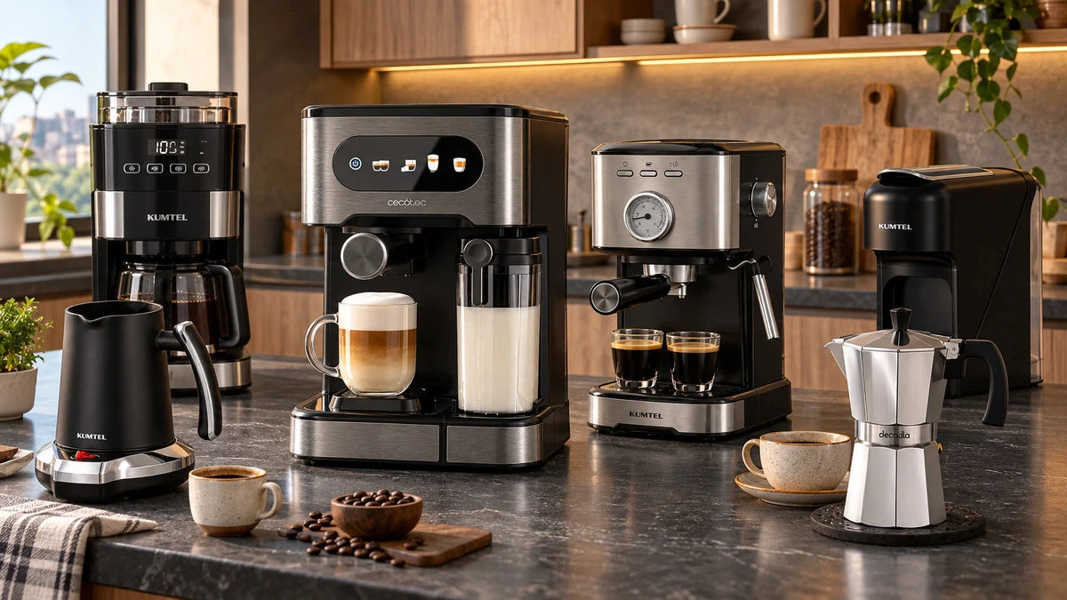 Coffee makers and espresso machines arranged on a contemporary kitchen counter, including stovetop, Turkish, pump espresso, touchscreen, capsule and drip coffee