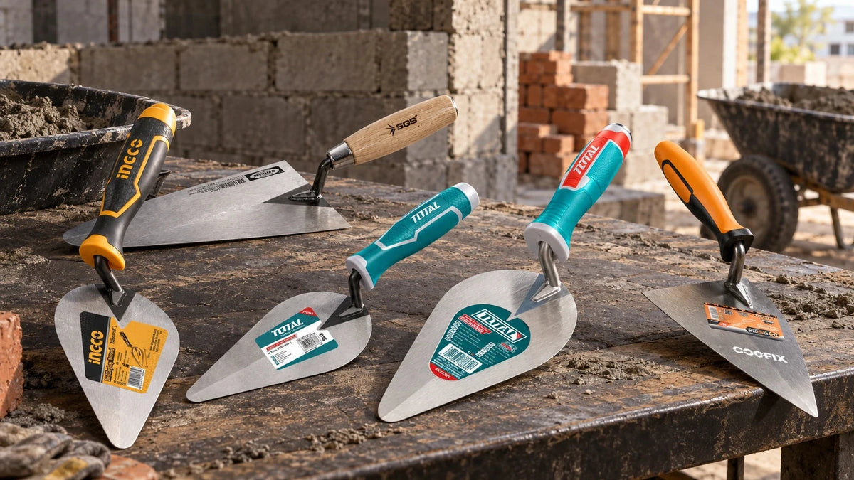 Five branded bricklaying trowels in varied blade sizes and handle styles arranged on a masonry workshop bench