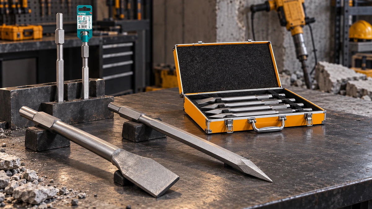 Professional workshop display of Ingco, Total and Milwaukee hex chisels in pointed, flat and wide profiles, including an open four-piece set on a steel workbenс