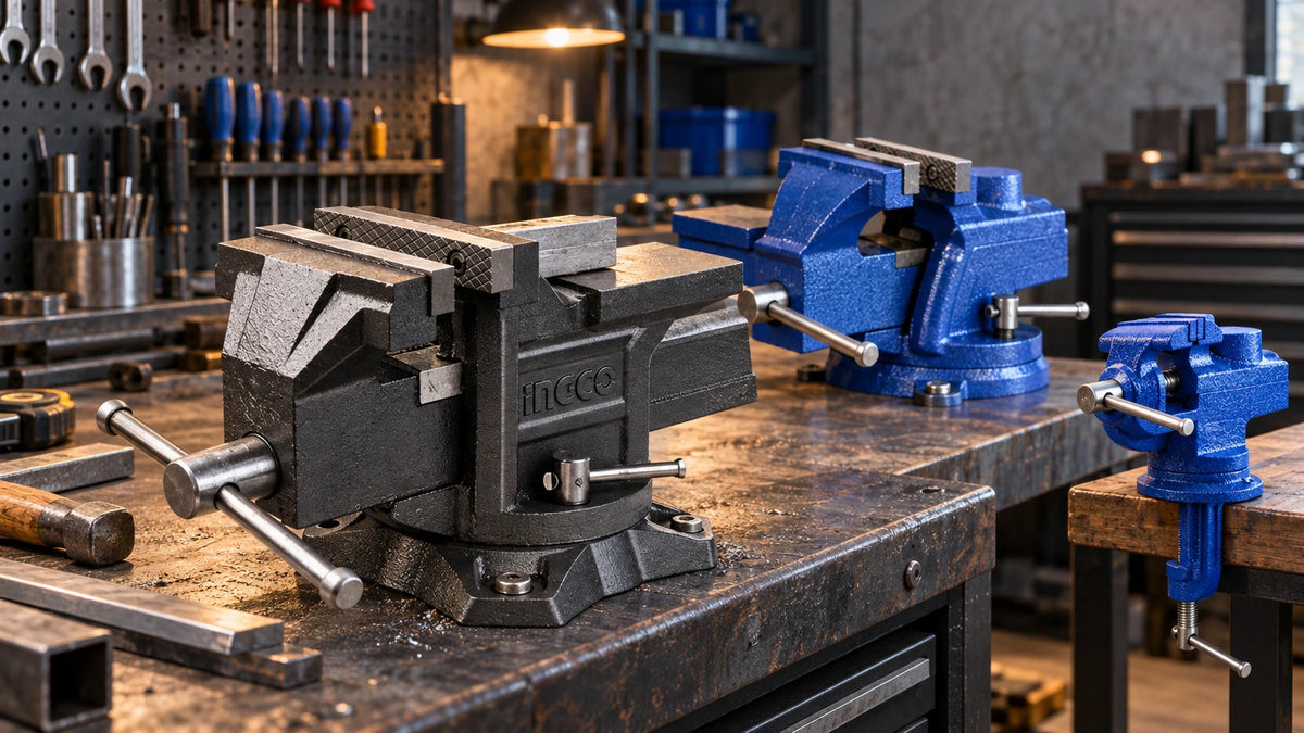 Mounted Ingco, Wadfow and compact bench vises arranged on a professional workshop workbench to show different sizes, swivel bases and workholding options