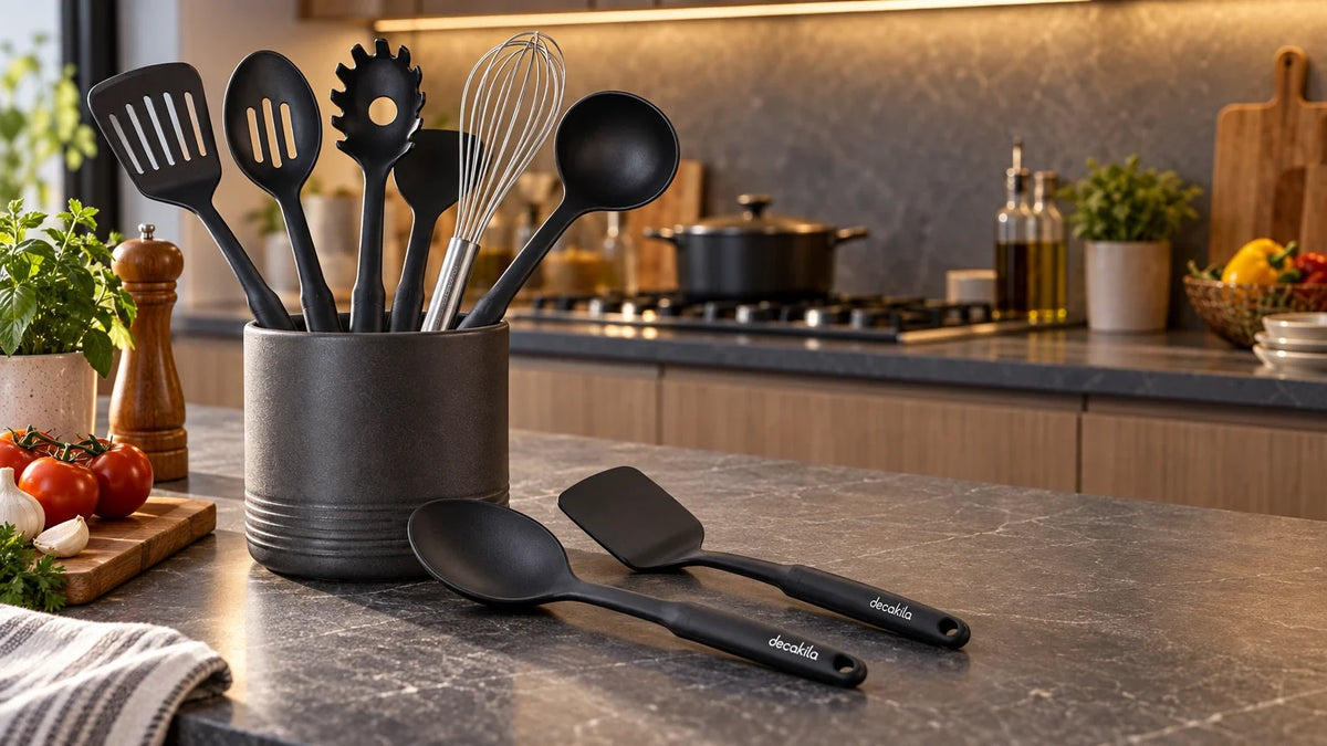 Decakila black six-piece cooking utensil set arranged in a ceramic holder on a contemporary kitchen island, showing spoons, turner and whisk silhouettes.