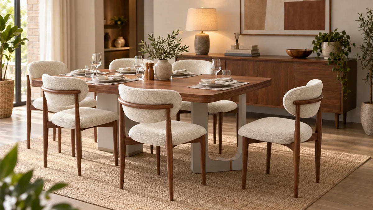 Walnut six-seater dining table with cream upholstered chairs styled in a warm contemporary dining room