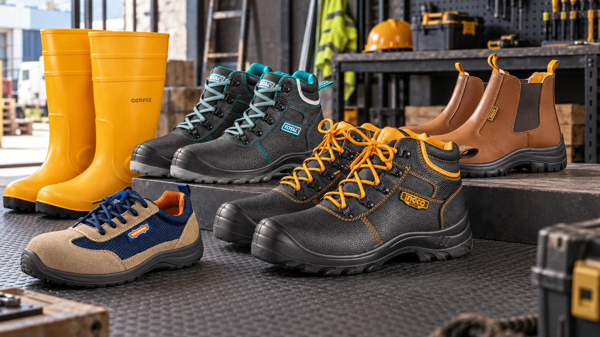 Five branded safety boot styles arranged on a workshop display, including black and brown leather steel-toe boots, a low work shoe and yellow rubber safety well