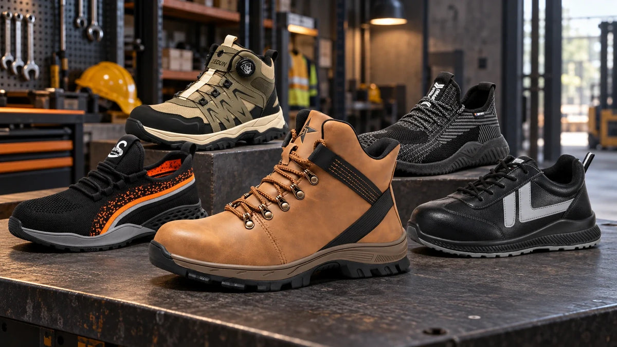 Five varied safety shoes, including a tan waterproof steel-toe shoe and black sneaker-style work shoes, arranged on a workshop workbench.