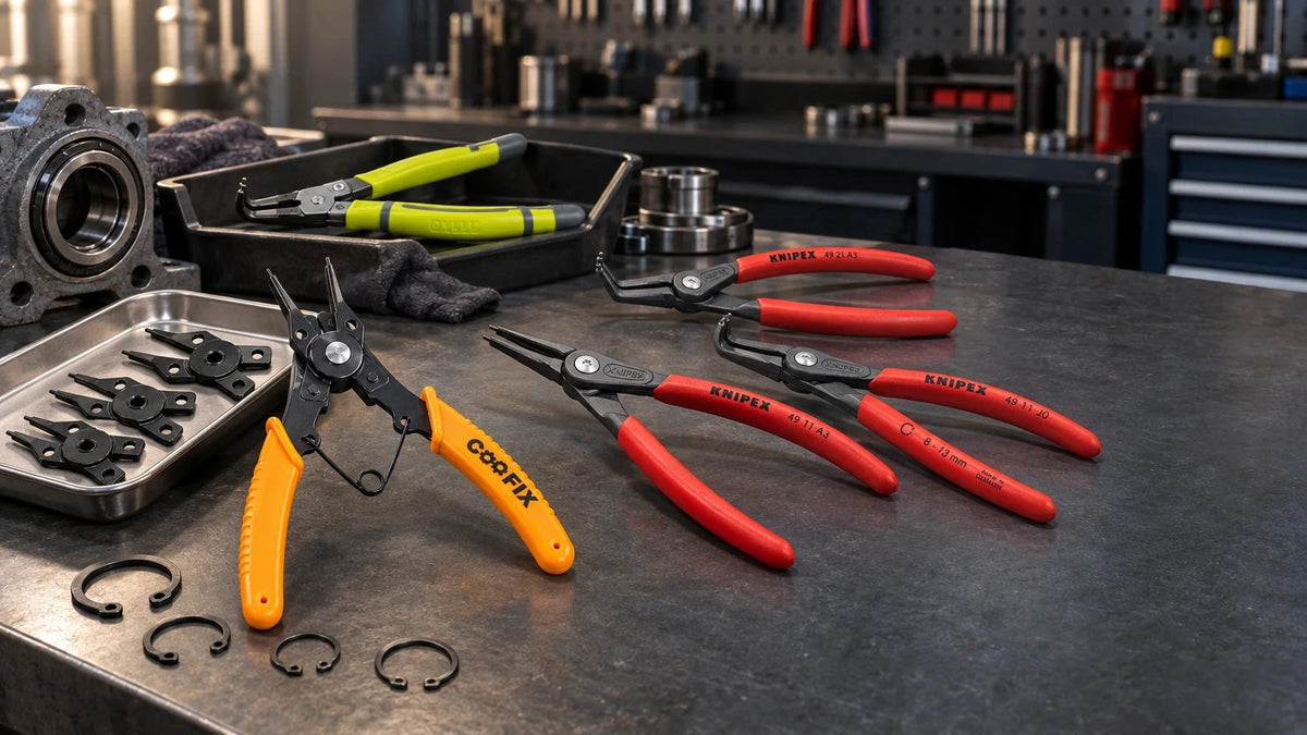 Circlip plier collection with Coofix, Knipex and Dyllu tools arranged on a dark workshop bench, showing straight, bent and side-access jaws