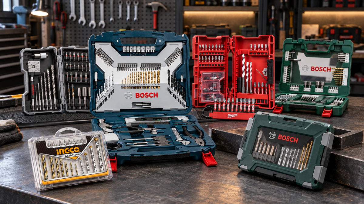 Six branded drill and drive bit sets from Ingco, Bosch and Milwaukee arranged on a workshop bench, showing compact, concrete, titanium, wood and multi-material8