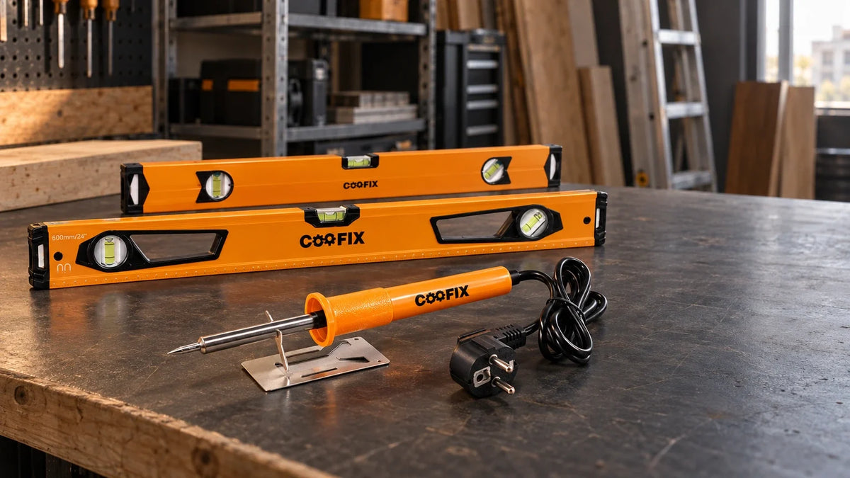 Coofix orange spirit levels and soldering iron arranged on a professional workshop bench