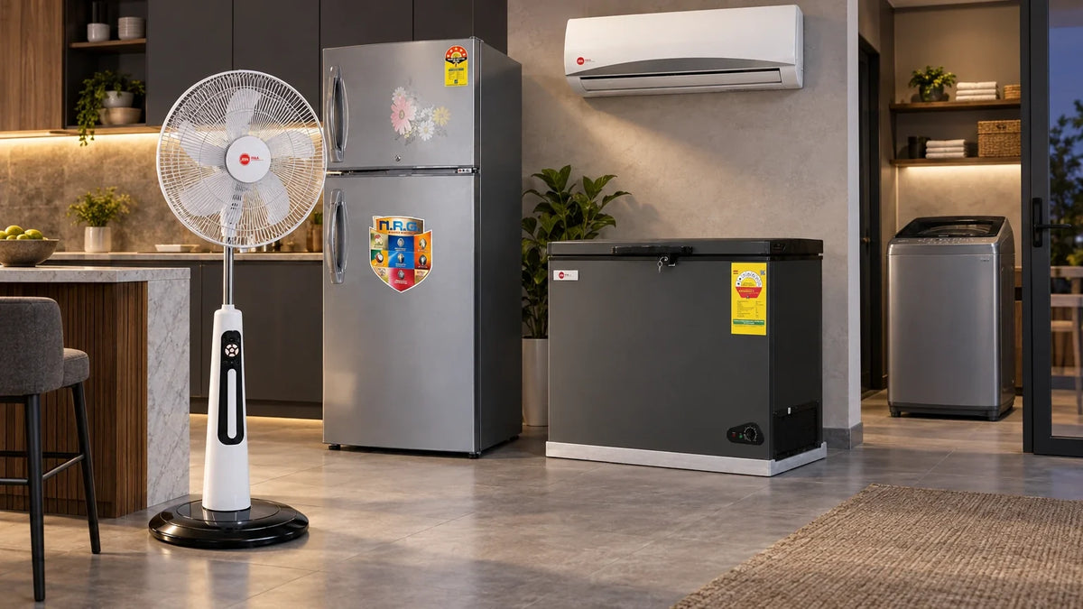 H&A home appliance collection with a rechargeable standing fan, double-door refrigerator, chest freezer, top-load washing machine and wall-mounted split air###-