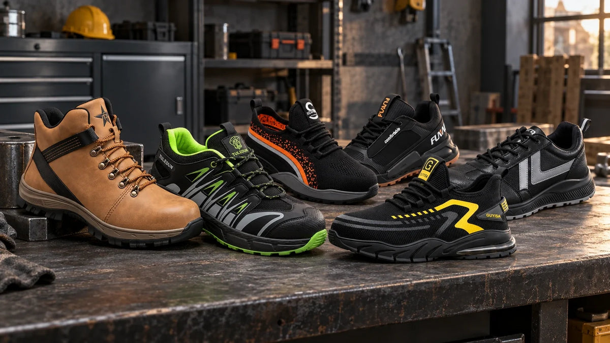 Six ZME safety shoes and work boots arranged on a charcoal workshop bench, including a brown waterproof boot, green hiking-style shoe and black steel-toe safety