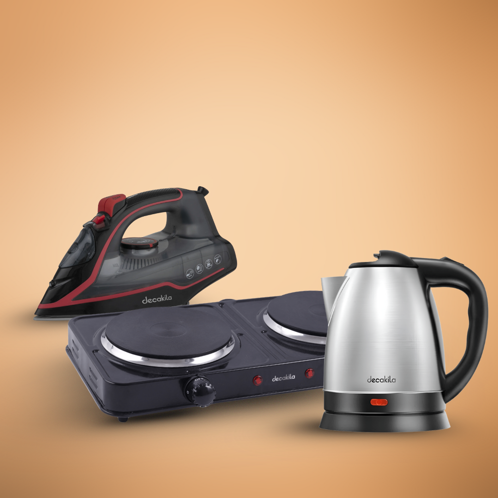 Decakila Smart Home Basic Set - Electric Iron, Electric Kettle & Electric Double Hot Plate