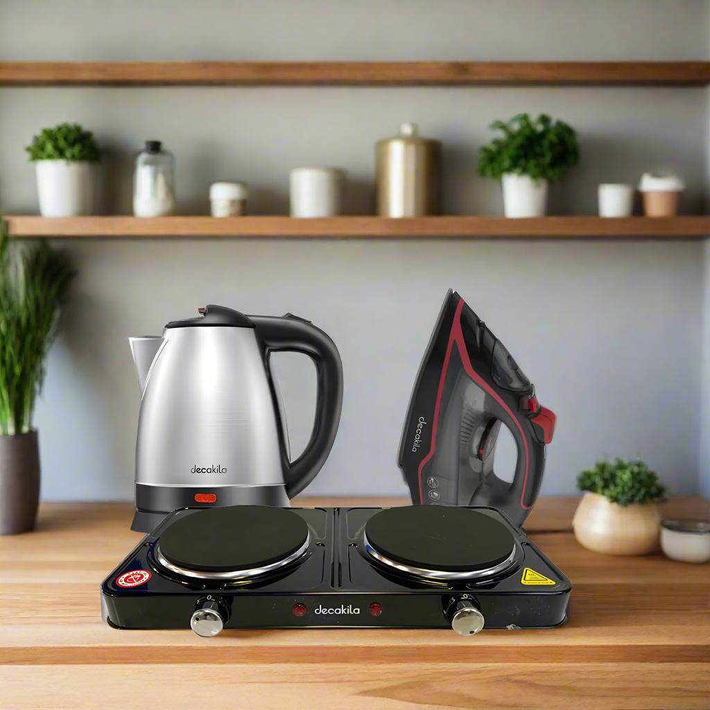 Decakila Smart Home Basic Set - Electric Iron, Electric Kettle & Electric Double Hot Plate