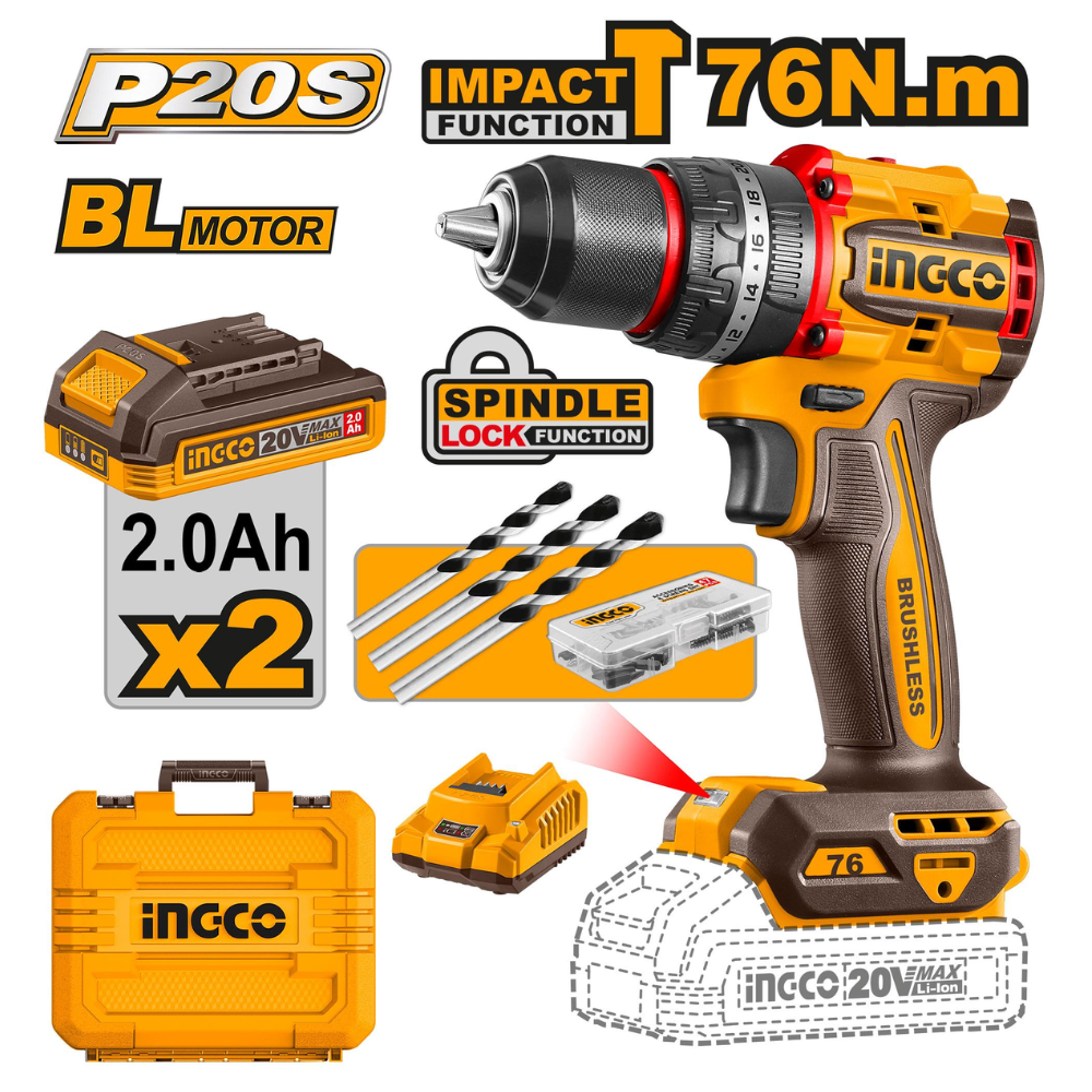Ingco Lithium-Ion Compact Brushless Cordless Impact Drill With Battery And Charger - CIDLI20768