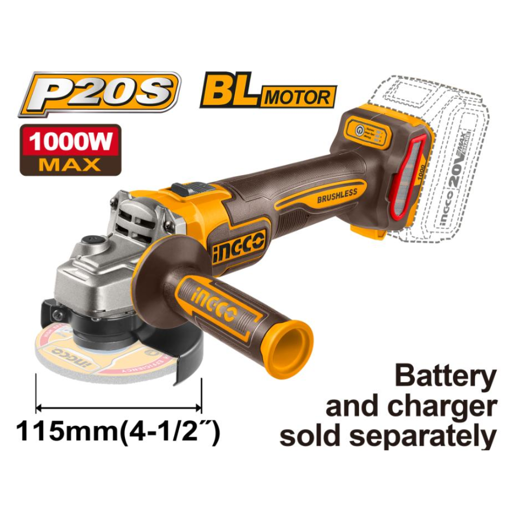 Ingco 20V Lithium-Ion Cordless Angle Grinder with Brushless Motor - CAGLI27153