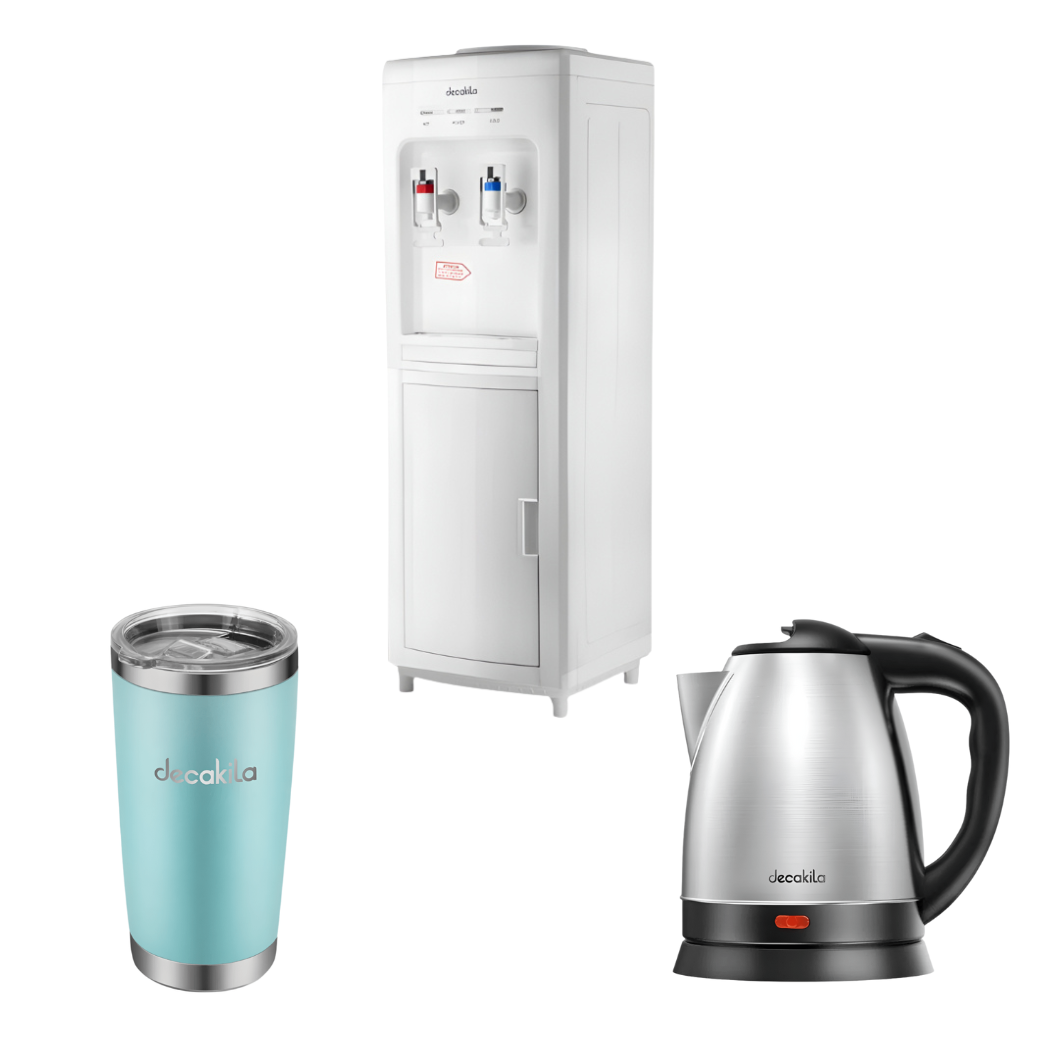 AquaFresh Hydration Kit - Decakila Water Dispenser, Stainless Steel Mug Tumbler 566ml And Decakila 1.8L Stainless Steel Electric Kettle 1500W