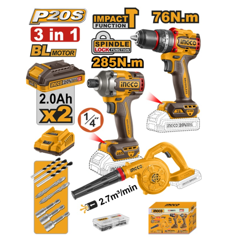 Ingco Cordless 20V Impact Drill 76Nm + Impact Driver 285Nm + Blower + 2 Batteries - COSLI250182