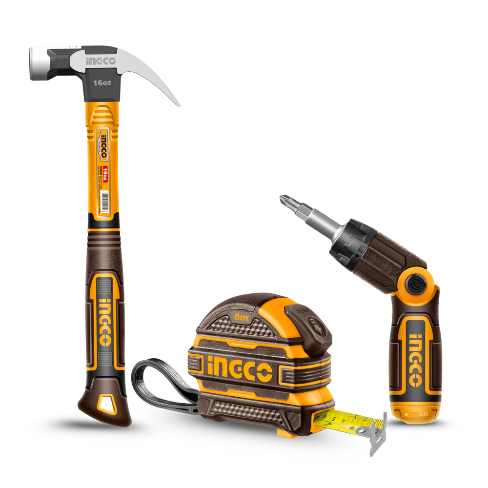 Quick Fix Tool Kit - Ingco Steel Measuring Tape 8m x 25mm + Ingco Claw Hammer 560g + Ingco 13 Piece Ratchet Screwdriver