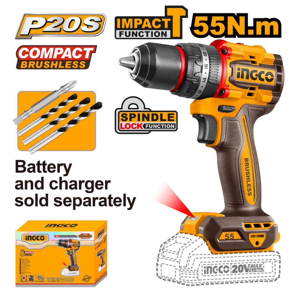 Ingco Lithium-Ion Compact Brushless Cordless Impact Drill - CIDLI205581