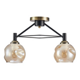 Amber 2 Lamp Dimpled Bell Glass Black Metal Semi Flush Ceiling Light - 60W