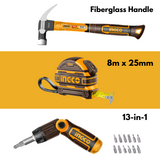 Quick Fix Tool Kit - Ingco Steel Measuring Tape 8m x 25mm + Ingco Claw Hammer 560g + Ingco 13 Piece Ratchet Screwdriver