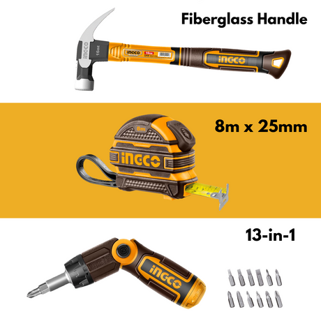 Quick Fix Tool Kit - Ingco Steel Measuring Tape 8m x 25mm + Ingco Claw Hammer 560g + Ingco 13 Piece Ratchet Screwdriver