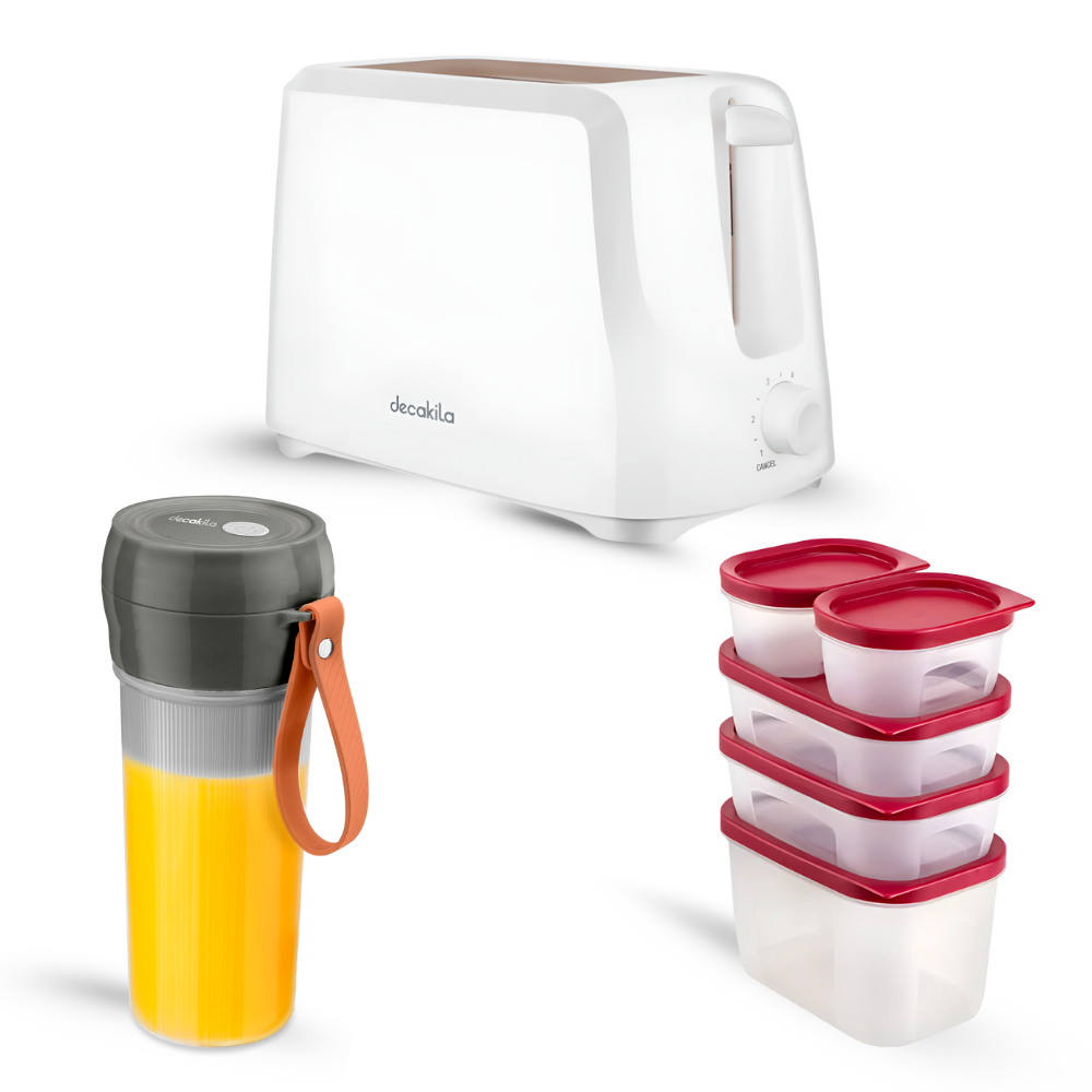Decakila DailyServe Combo - Cordless Portable Blender + 5 Pieces Food Storage Container + 2 Slots Toaster
