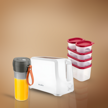Decakila DailyServe Combo - Cordless Portable Blender + 5 Pieces Food Storage Container + 2 Slots Toaster