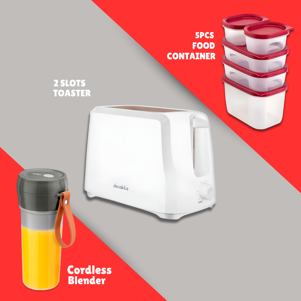 Decakila DailyServe Combo - Cordless Portable Blender + 5 Pieces Food Storage Container + 2 Slots Toaster