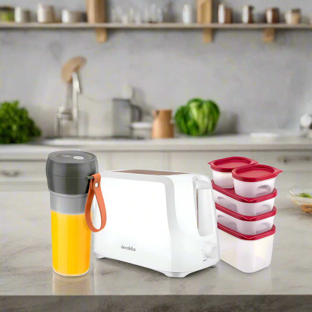 Decakila DailyServe Combo - Cordless Portable Blender + 5 Pieces Food Storage Container + 2 Slots Toaster