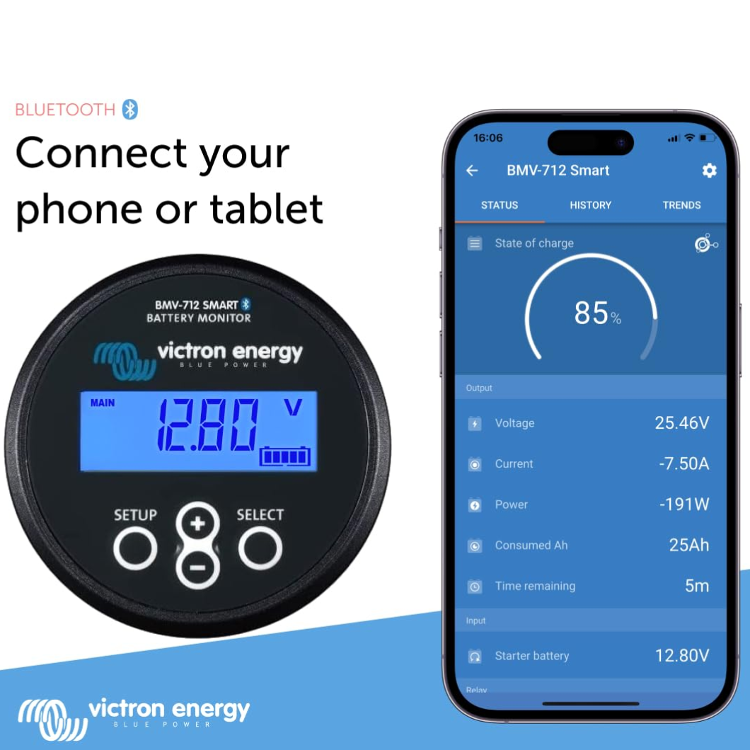 Victron Energy Black Smart Battery Monitor with Shunt 6.5-70 VDC Display and Bluetooth - BMV-712