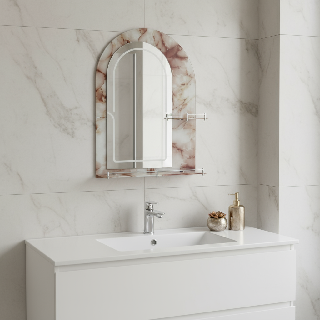 Semi Arc Bathroom Mirror with Double Shelves  70x50cm