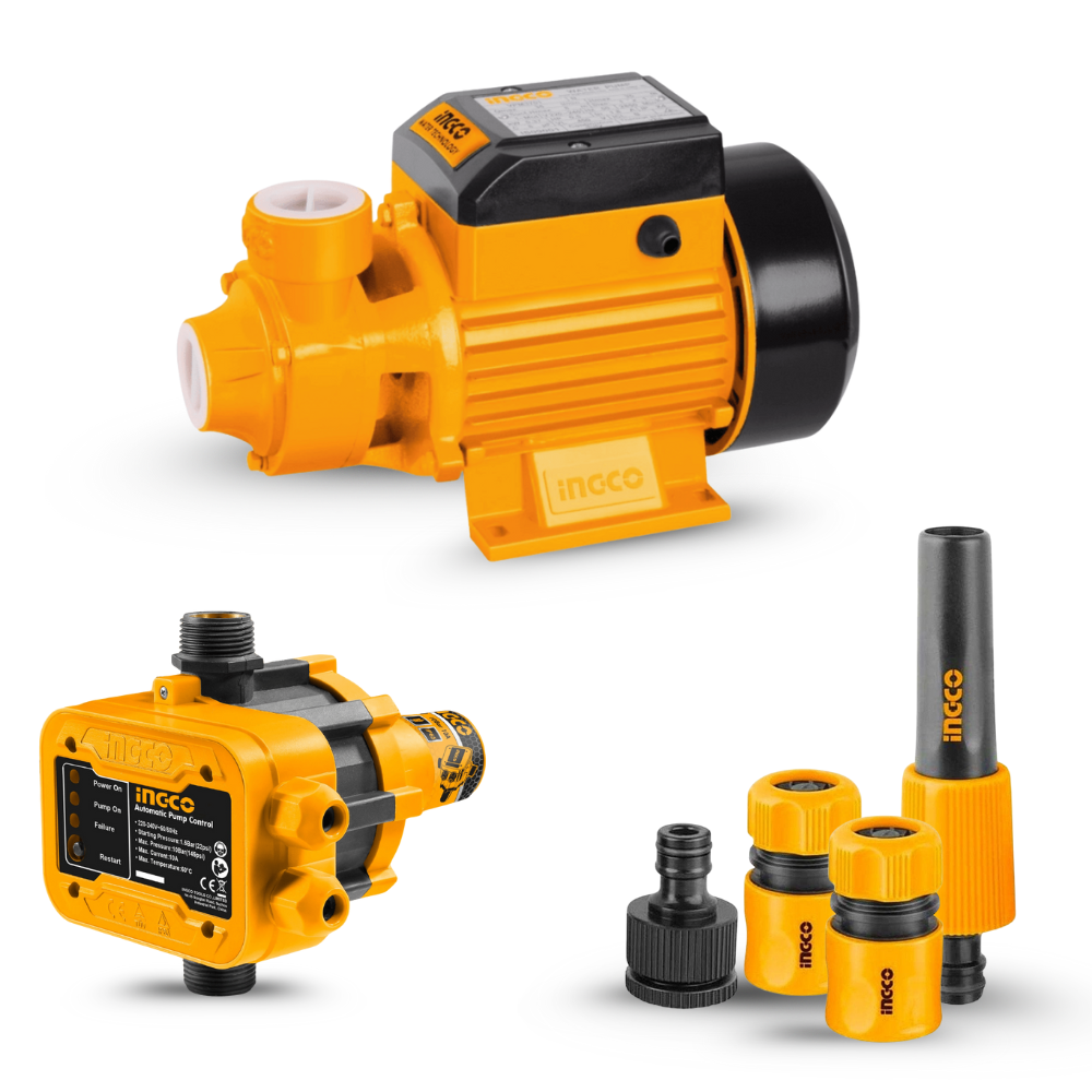 Pump And Flow Master Kit - Ingco 0.5HP Peripheral Water Pump + Ingco Automatic Pump Control + Ingco 5-Piece Twist Nozzle Set with Hose Connectors