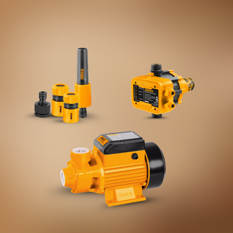 Pump And Flow Master Kit - Ingco 0.5HP Peripheral Water Pump + Ingco Automatic Pump Control + Ingco 5-Piece Twist Nozzle Set with Hose Connectors