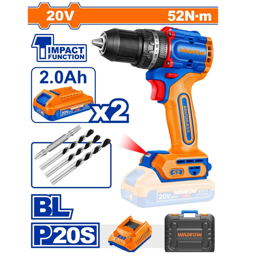 Wadfow 20V Lithium-Ion Compact Brushless Cordless Impact Drill with 20V 2.0Ah Battery & Charger - WCDP5281