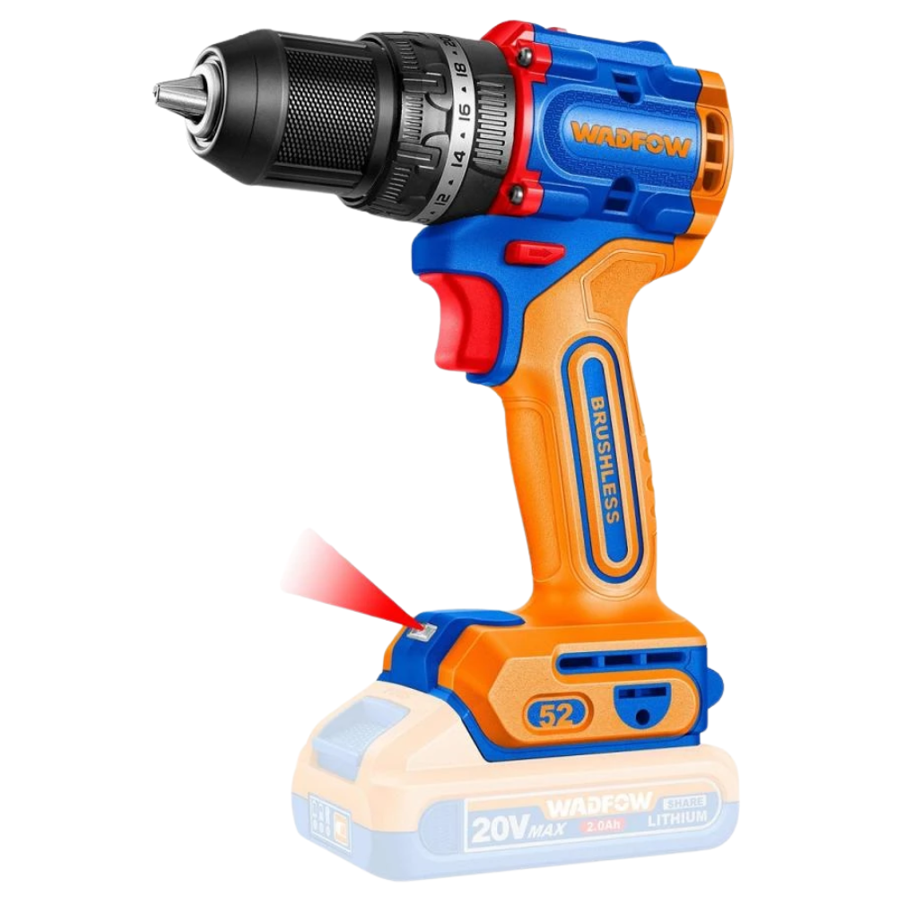 Wadfow 20V Lithium-Ion Compact Brushless Cordless Impact Drill with 20V 2.0Ah Battery & Charger - WCDP5281