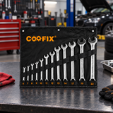 12-piece Coofix spanner roll on a workbench