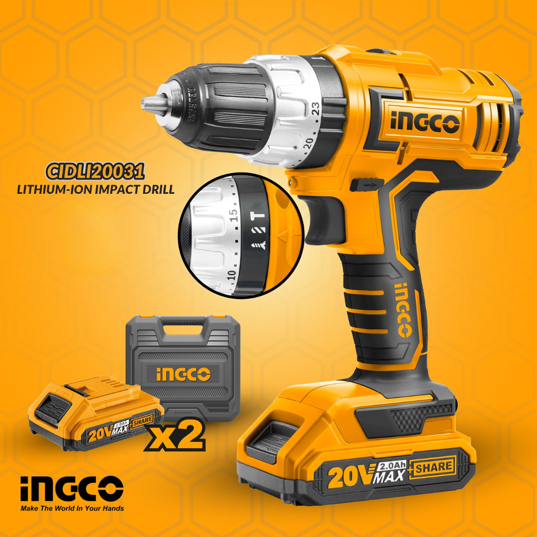 Ingco Lithium-Ion Cordless Hammer Impact Drill with Two 20V 2.0Ah Batteries & Charger - CIDLI20031