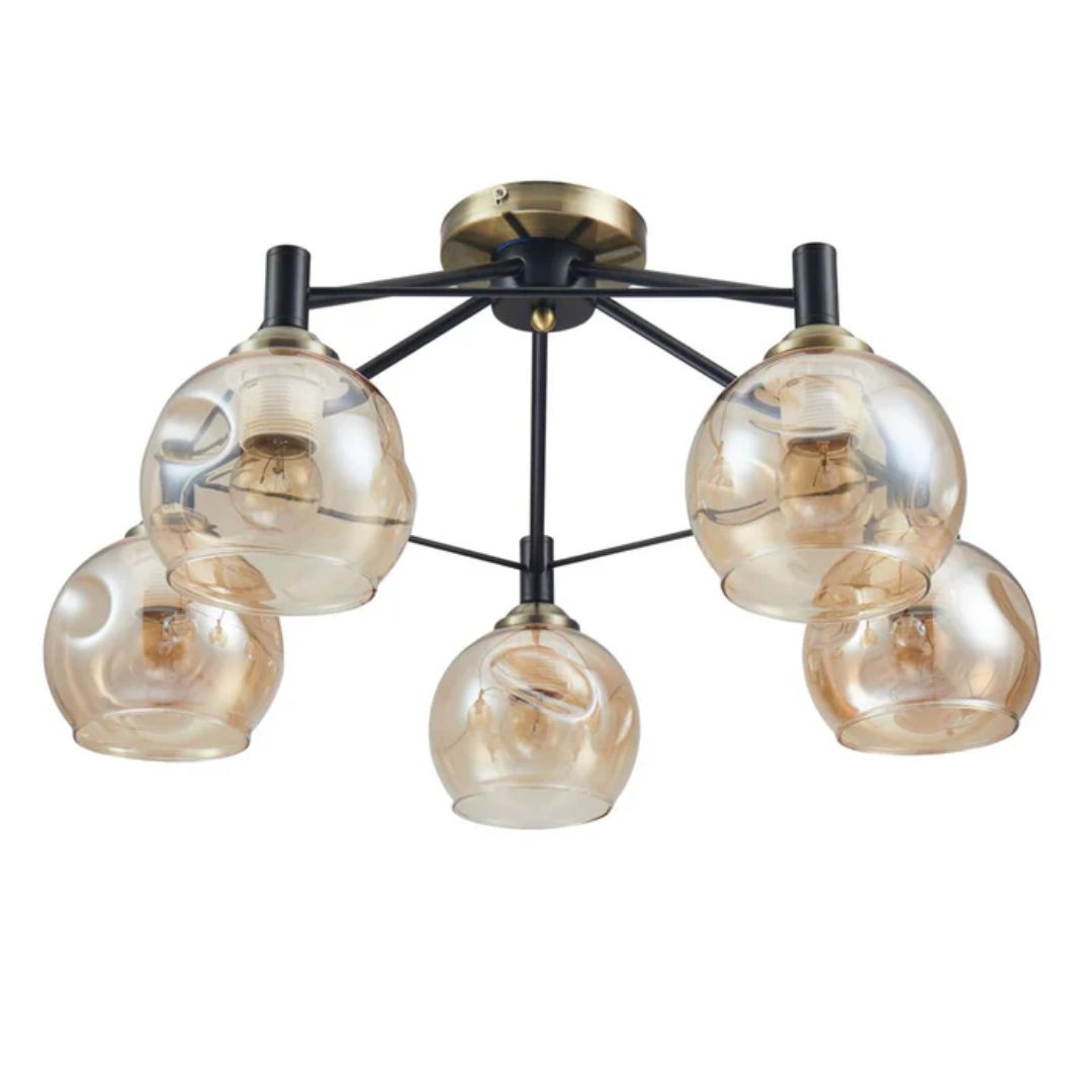 Amber 5 Lamp Dimpled Bell Glass Black Metal Semi Flush Ceiling Light - 60W