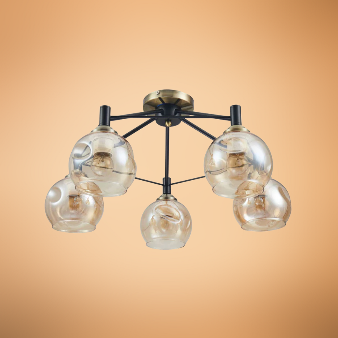 Amber 5 Lamp Dimpled Bell Glass Black Metal Semi Flush Ceiling Light - 60W