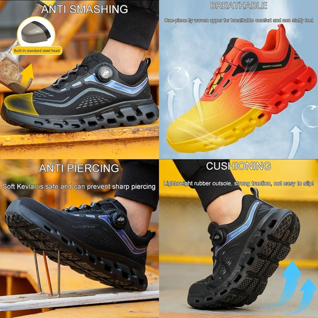 Black Swivel Button Laces Unisex Work Safety Shoes