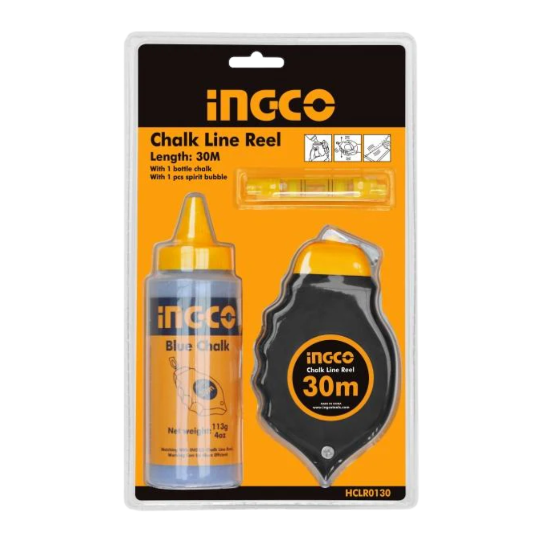 Ingco 30m Chalk Line Reel with Chalk & Spirit Bubble - HCLR0130