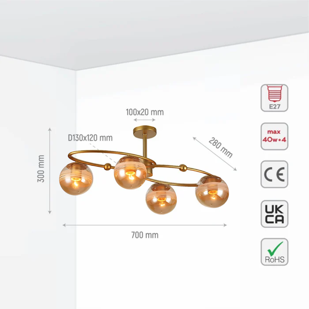 Amber 4 Rounded Globe Glass Gold Ellipse Metal Body Semi Flush Ceiling Light - 40W