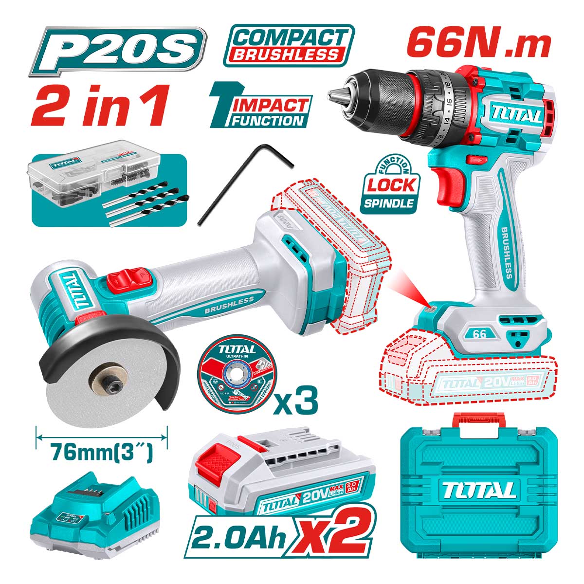Total 20V Cordless Combo Kit with 66Nm Impact Drill & 76mm Mini Cut-Off Tool - TCKLI20255