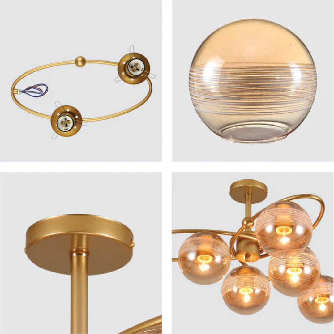 Amber 6 Rounded Globe Glass Gold Ellipse Metal Body Semi Flush Ceiling Light - 40W