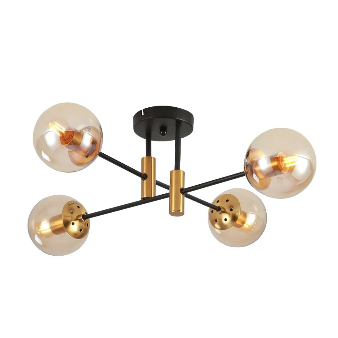 Amber 4 Lamp Glass Globe Gold and Black Metal Semi Flush Ceiling Light - 40W