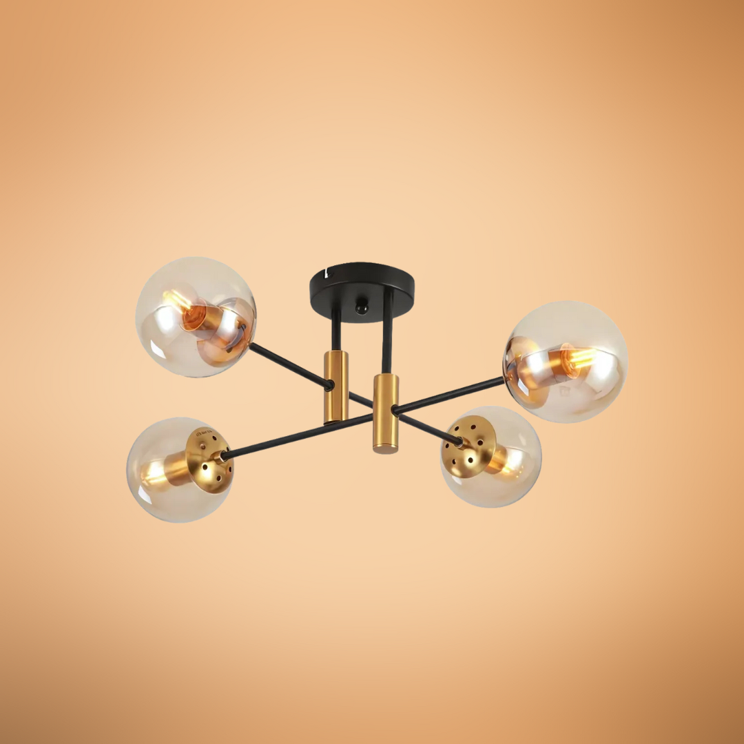 Amber 4 Lamp Glass Globe Gold and Black Metal Semi Flush Ceiling Light - 40W