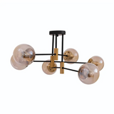 Amber 6 Lamp Glass Globe Gold and Black Metal Semi Flush Ceiling Light - 40W