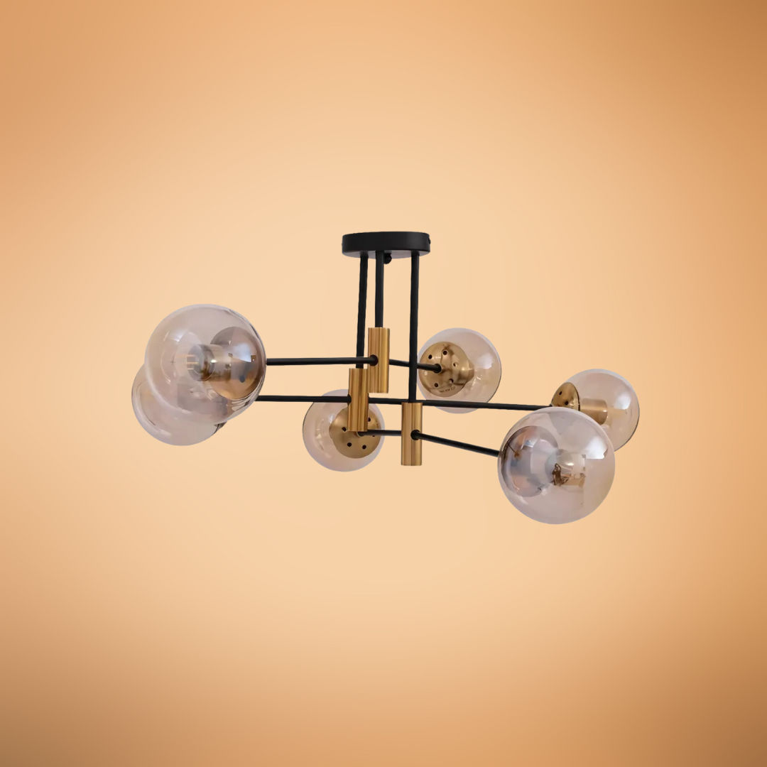 Amber 6 Lamp Glass Globe Gold and Black Metal Semi Flush Ceiling Light - 40W