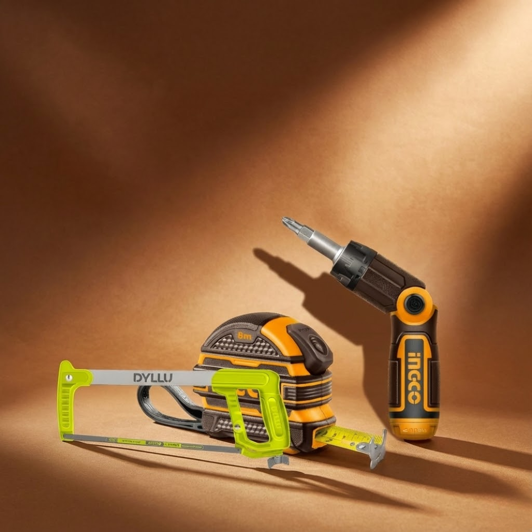 Rapid Repair & Assembly Kit - Ingco Steel Measuring Tape 8m x 25mm +Dyllu 12" Hacksaw Frame + Ingco 13 Piece Ratchet Screwdriver